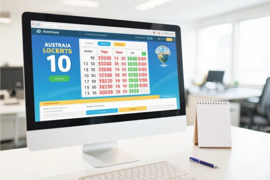 桌面电脑屏幕上显示澳洲幸运10开奖记录，旁边有记事本和笔，背景为明亮的办公环境